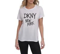 DKNY Women's Rhinestone Graffiti Short Sleeve Relaxed Fit Crew Neck Tee T-Shirt, White and Black, M
