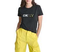 DKNY Women's S/S Hi Lo Printed Logo T-Shirt Blouse, Black, M