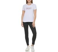 DKNY Women's Short Sleeve Crew Neck Glitter Tee, White, M, White, M
