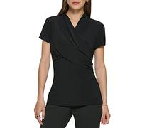 DKNY Women's Short Sleeve Cross Front Suit Blouse Shirt, Black, Medium