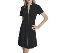 DKNY Women's Short Sleeve V-Neck Zipper Front Scuba Crepe Mini Dress, Black, 14