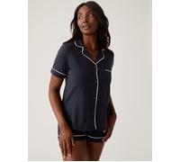 DKNY Women's Signature Short Sleeve Notch Collar Boxer Set in Navy | Size: Large DKNY Navy L
