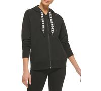 DKNY Womens Two Tone Logo Drawcord Zip Hoodie Blk - Black Cotton - Size X-Small