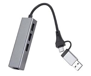 DKSooozs 1 PCS 1000Mbps 3 Port 3.0 HUB 2 in 1 Cable USB-C to RJ45 Driverless Network Card Aluminum