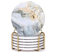 Dksyee 6 Pcs Grey Abstract Ceramic Coasters with Holder: 6 Round Modern Drink Coasters, Absorbent, Non-Slip, Gold Metal Holder