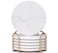Dksyee Coasters Set of 6 White Marble Style Ceramic Drink Coasters with Holde Coffee Table Decor Drinks Absorbent Stone Coasters for Rustic Farmhouse, Bar, Coffee, Table, Desk, Gifts