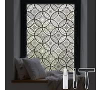 DKTIE Boho Stained Glass Look Window Privacy Film with Installation Tools, Decorative Frosted Glass Window Film Static Cling No Glue Removable, Pure Black, 17.7" x 118.1"
