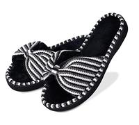 DL Women's Memory Foam Open Toe Slide Slippers with Cute Bow and Cozy Terry Lining, Slip-on House Shoes Spa Mules Sandals with Indoor Outdoor Rubber Sole, Black, Large