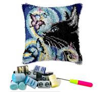 DL-YTG Latch Hook Kits Pillow Black Cat Left Crochet Yarn Cushion Colour Pre-Printed Canvas Rug Needlework DIY Pillowcase Hook and Latch Kit Christmas