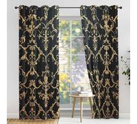 DlaQoryx Jacquard Thermal Curtains, Baroque Damask Black Gold Blackout Curtains, Drapes for Bedroom Living Room Home Decor, Eyelet Window Curtain 2 Panels 50 x 90 Inch Drop