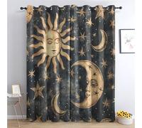 DlaQoryx Sun and Moon Blackout Curtains, Retro Stars Moon Phase Curtain for Living Room, Bedroom Home Decor Window Curtain, Eyelet Thermal Curtains & Drapes 2 Panels 46 x 72 Inch Drape