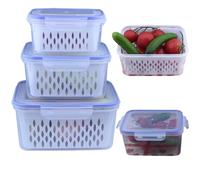 DLBTWDOYLS 3 pcs Fruit storage container, fridge organizer with airtight lid and removable drain rack, fruit and vegetable crisper box, fruit washing basket with strainer (blue)