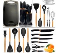 DLD New 29 Kitchen Utensils, Cooking Gifts, Non Stick Pans, Shovels,Spoons, Cutting Tools,Wooden Handles,Heat-Resistant Silicone,Cutting Plates,Storage Buckets,Kitchen Small Tool Accessories-Black