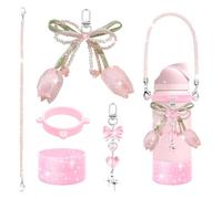 DLDXGXNR Glitter Water Bottle Accessories Set for Owala FreeSip 24oz 32oz 40oz & Stanley Cup, Bling Rhinestone Handle Strap, Boot, Coquette Bow & Heart Charms, Cute Preppy Aesthetic (Pink)