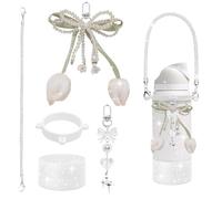 DLDXGXNR Glitter Water Bottle Accessories Set for Owala FreeSip 24oz 32oz 40oz & Stanley Cup, Bling Rhinestone Handle Strap, Boot, Coquette Bow & Heart Charms, Cute Preppy Aesthetic (White)