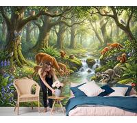 DLERFLOVR 3D Effect Deer, Creek, Wildflowers Wallpaper 250x175cm Photo Wallpaper Magic Forest Wall Art Print for Bedroom, Living Room, Corridor, Lounge Background Decoration, Emerald Green