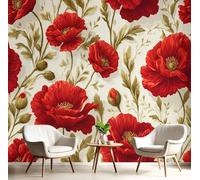 DLERFLOVR 3D Effect Elegant Poppy Wallpaper 250x175cm Photo Wallpaper Retro Pastoral Style Wall Art Print for Bedroom, Living Room, Corridor, Lounge Background Decoration, Coral Red