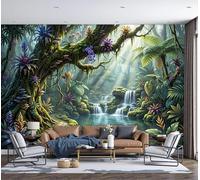 DLERFLOVR 3D Effect Magic Rainforest Waterfall Wallpaper 400x280cm Photo Wallpaper Fantasy Rainforest Wall Art Print for Bedroom, Living Room, Corridor, Lounge Background Decoration, Moss Green