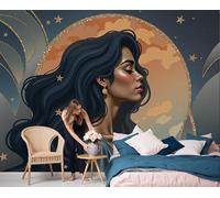 DLERFLOVR 3D Effect Photo Wallpaper Big-Wavy Woman Panoramic Wall Tapestry Retro Starry Sky Myth Silk Wall Murals for Office Bedroom Rental House Decoration, 300x210cm Blue-Gray