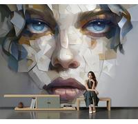 DLERFLOVR 3D Effect Photo Wallpaper Close-Up of A Face Panoramic Wall Tapestry Fragment Sculpture Silk Wall Murals for Office Bedroom Rental House Decoration, 400x280cm Grey