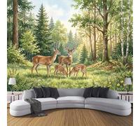 DLERFLOVR 3D Effect Photo Wallpaper Deer Family Panoramic Wall Tapestry Forest and Grassland Scenery Silk Wall Murals for Office Bedroom Rental House Decoration, 300x210cm Grass Green