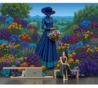 DLERFLOVR 3D Effect Photo Wallpaper Gorgeous Women in The Field Panoramic Wall Tapestry American Retro Country Style Silk Wall Murals for Office Bedroom Rental House Decoration, 250x175cm Indigo