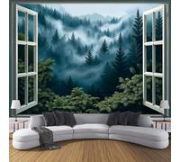 DLERFLOVR 3D Effect Photo Wallpaper Misty Forest Panoramic Wall Tapestry 3D Window View Silk Wall Murals for Office Bedroom Rental House Decoration, 200x140cm Green