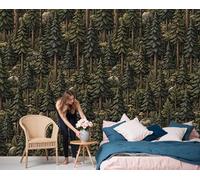 DLERFLOVR 3D Effect Photo Wallpaper Quiet Forest Panoramic Wall Tapestry Retro Pine Forest Silk Wall Murals for Office Bedroom Rental House Decoration, 350x256cm Dark Green