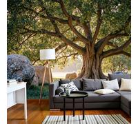 DLERFLOVR 3D Effect Photo Wallpaper Sunlight Filters Through The Leaves Panoramic Wall Tapestry Majestic Oak Silk Wall Murals for Office Bedroom Rental House Decoration, 350x256cm Yellow-Green