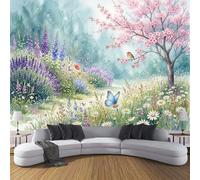 DLERFLOVR 3D Effect Photo Wallpaper Wildflower Meadow Panoramic Wall Tapestry Watercolor Dream Garden Silk Wall Murals for Office Bedroom Rental House Decoration, 200x140cm Light Blue
