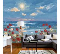 DLERFLOVR 3D Effect Poppy Fields On The Beach Wallpaper 350x256cm Photo Wallpaper Beautiful Sea View Wall Art Print for Bedroom, Living Room, Corridor, Lounge Background Decoration, Blue