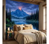 DLERFLOVR 3D Effect Wallpaper 250x175cm, Night View of The Volcanic Lake Art Wall Murals Scottish Highlands Print Photo Wall Decoration for Living Room Bedroom Home Hallway Lounge, Navy Blue