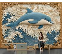 DLERFLOVR 3D Effect Wallpaper 300x210cm, Dolphins Leaping Over The Waves Art Wall Murals Baroque Reliefs Print Photo Wall Decoration for Living Room Bedroom Home Hallway Lounge, Brown