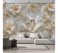 DLERFLOVR 3D Effect Wallpaper 300x210cm, Elegant Swans Among The Flowers Art Wall Murals Magnificent Relief Art Print Photo Wall Decoration for Living Room Bedroom Home Hallway Lounge, White