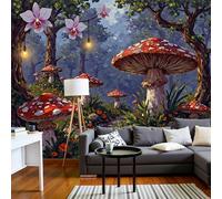 DLERFLOVR 3D Effect Wallpaper 350x256cm, Mushroom Forest Art Wall Murals Fairy Tale Illustrations Print Photo Wall Decoration for Living Room Bedroom Home Hallway Lounge, Yellow-Green