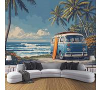 DLERFLOVR 3D Effect Wallpaper 400x280cm, Surfboard Campervan Art Wall Murals Retro Summer Beach Print Photo Wall Decoration for Living Room Bedroom Home Hallway Lounge, Dark Blue