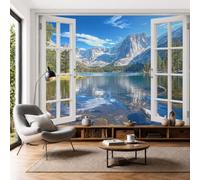DLERFLOVR 3D Panoramic Custom Wallpaper Natural Scenery Window View Photo Mural Alpine Lakes Silk Photo Wallpaper, 200x140cm Wall Covering for Living Room, Bedroom, Office Home Decoration, Sea Blue