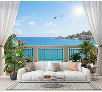 DLERFLOVR 3D Panoramic Custom Wallpaper Summer Vacation Style Photo Mural Sea View, Villa Silk Photo Wallpaper, 300x210cm Wall Covering for Living Room, Bedroom, Office Home Decoration, Azure