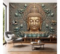 DLERFLOVR 3D Panoramic Wallpaper Three-Dimensional Zen Buddhist Statues Photo Mural Meditating Buddha Statue Silk Photo Wallpaper, 400x280cm Wall Covering for Meditation Room and Yoga Spaces, Green