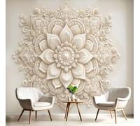 DLERFLOVR 3D Relief Wall Mural, 150x105cm Photo Wallpaper Silk Premium Art Print Poster Picture Design 3D Mandala Wall Covering for Living Room Bedroom Kitchen, Cream
