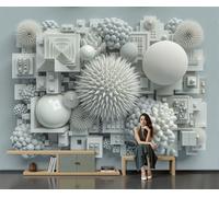 DLERFLOVR 3D Silk Wall Mural Cubism Photo Wallpaper Floating Abstract Objects Poster Picture Design Modern Wall Art for Living Room Bedroom Restaurant Home Decor, 200x140cm, Moon White