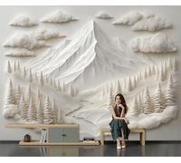 DLERFLOVR 3D Silk Wall Mural Paper-Cut Landscape Painting Photo Wallpaper Forest Mountains Poster Picture Design Modern Wall Art for Living Room Bedroom Restaurant Home Decor, 450x315cm, White