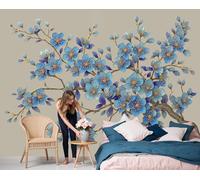DLERFLOVR 3D Wall Mural 3D Cherry Blossom Relief Print Photo Wallpaper, Luxury Silk Wall Mural Decor Traditional Style Wall Sticker for Bedroom, Living Room, Sofa Backdrop Decor 450x315cm, Cream