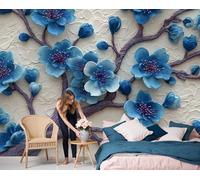 DLERFLOVR 3D Wall Mural Cherry Blossom Branches Print Photo Wallpaper, Luxury Silk Wall Mural Decor 3D Relief Wall Sticker for Bedroom, Living Room, Sofa Backdrop Decor 350x256cm, Dark Blue