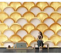 DLERFLOVR 3D Wall Mural Fish Scale Relief Print Photo Wallpaper, Luxury Silk Wall Mural Decor 3D Geometry Wall Sticker for Bedroom, Living Room, Sofa Backdrop Decor 300x210cm, Golden Yellow