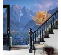 DLERFLOVR 3D Wall Mural Misty Flower Field 300x210cm Photo Wallpaper Tulip Bushes Poster Picture Design Modern Wall Mural Decoration for Living Room Bedroom Dorm Office Décor, Blue
