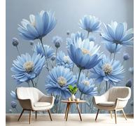 DLERFLOVR 3D Wall Mural Morandi Style 400x280cm Photo Wallpaper Dreamy Poppy Field Poster Picture Design Modern Wall Mural Decoration for Living Room Bedroom Dorm Office Décor, Blue