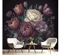 DLERFLOVR 3D Wall Mural Retro Style 400x280cm Photo Wallpaper Peony and Tulip Bouquet Poster Picture Design Modern Wall Mural Decoration for Living Room Bedroom Dorm Office Décor, Purple