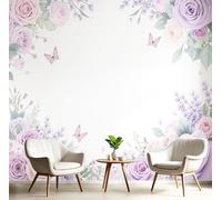 DLERFLOVR 3D Wall Mural Watercolor Floral Border 400x280cm Photo Wallpaper Peonies and Roses Poster Picture Design Modern Wall Mural Decoration for Living Room Bedroom Dorm Office Décor, Light Purple