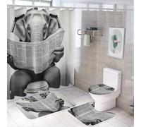 DLERFLOVR 4 Pcs Artistic Background Shower Curtain Sets - Elephant Sitting On Toilet Bathroom Set Non-Slip Rugs Toilet Lid Cover And Bath Mat, Aesthetics Shower Curtain For Bathroom Decor